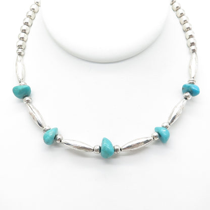 Old Pawn 925 Sterling Silver Vintage Turquoise Gem Bar & Bead Chain Necklace 14"