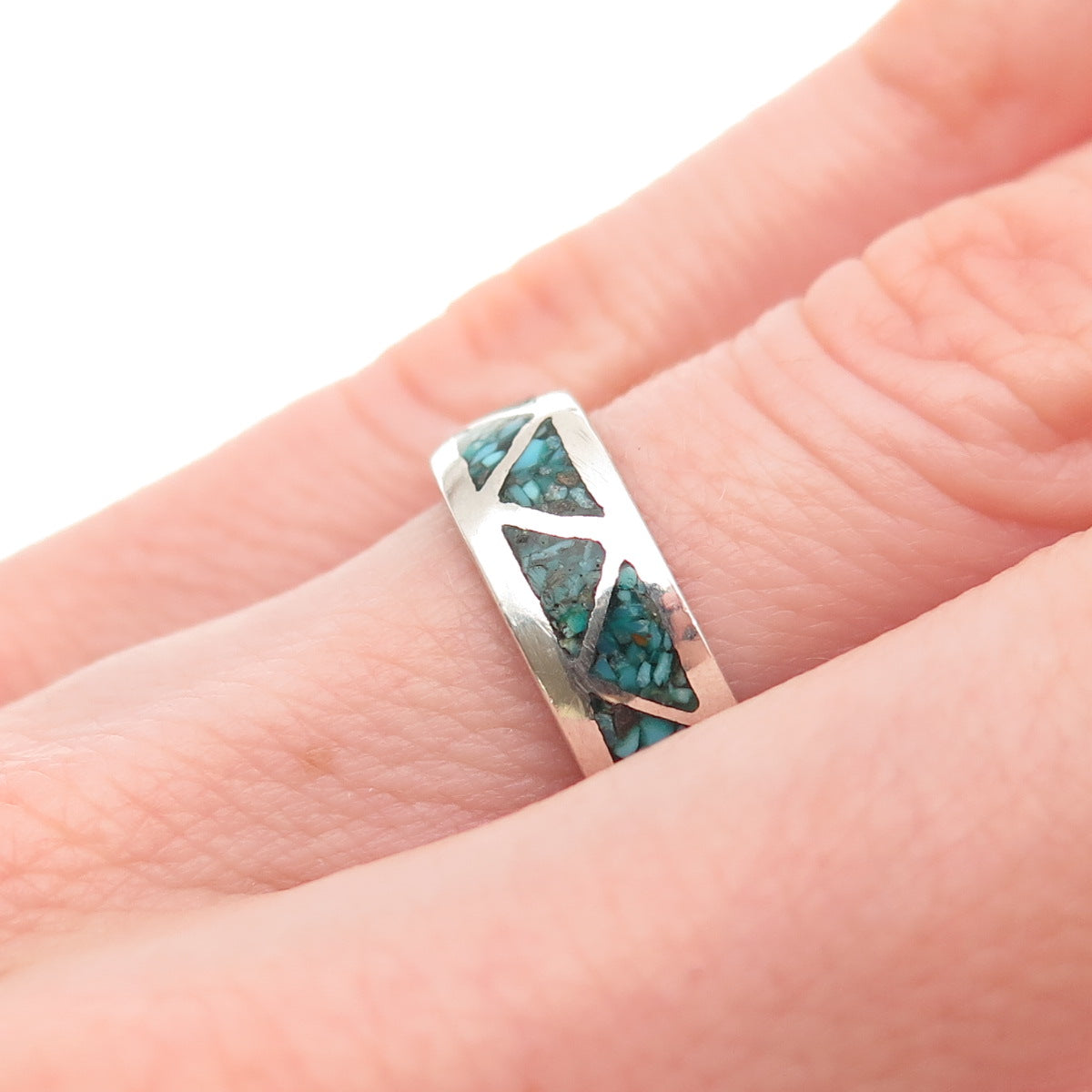 Old Pawn 925 Sterling Silver Vintage Turquoise Inlay Tribal Band Ring Size 6.25