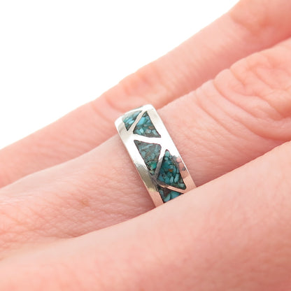 Old Pawn 925 Sterling Silver Vintage Turquoise Inlay Tribal Band Ring Size 6.25