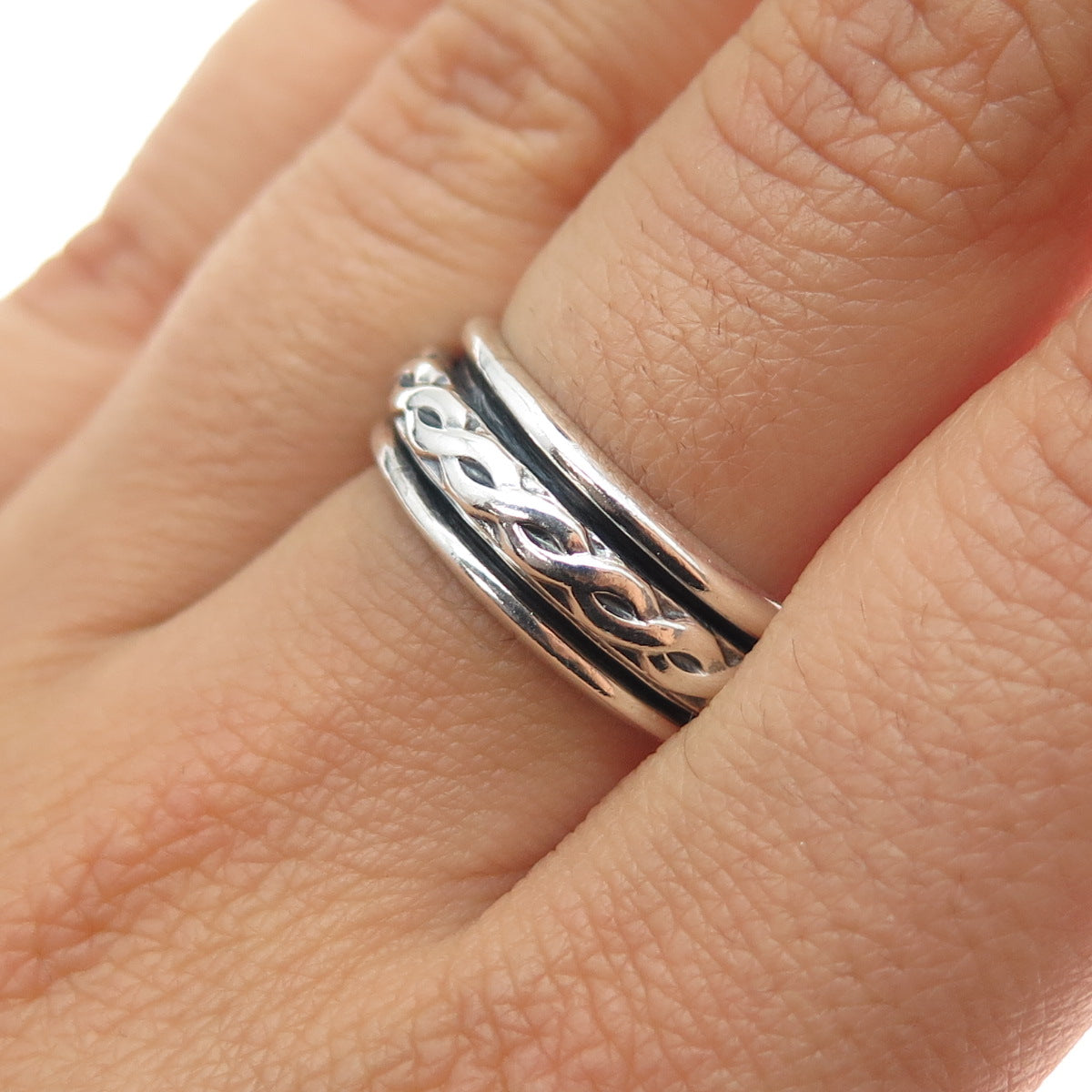 925 Sterling Silver Vintage Mexico Braided Rotating Band Oxidized Ring Size 7.25