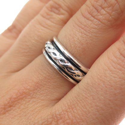 925 Sterling Silver Vintage Mexico Braided Rotating Band Oxidized Ring Size 7.25