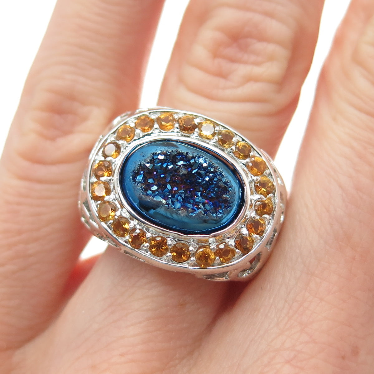 925 Sterling Silver Real Oval-Cut Druzy & Round-Cut Citrine Ring Size 5.25