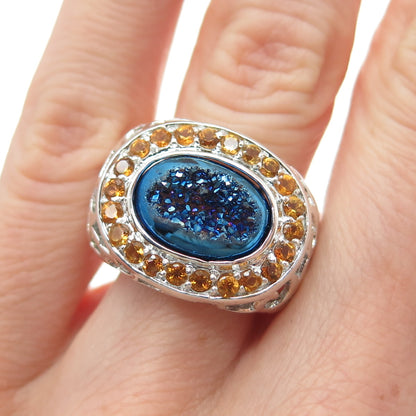 925 Sterling Silver Real Oval-Cut Druzy & Round-Cut Citrine Ring Size 5.25
