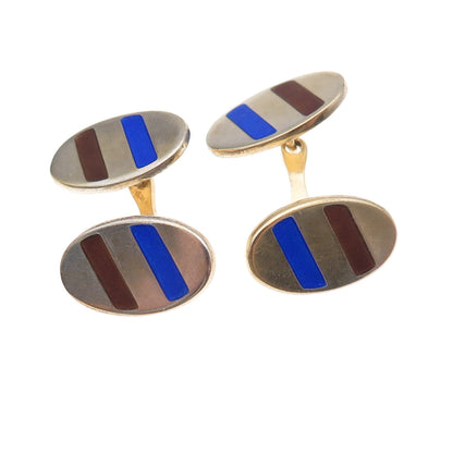 925 Sterling Silver Gold Plated Vintage Italy Enamel Oval Cufflinks