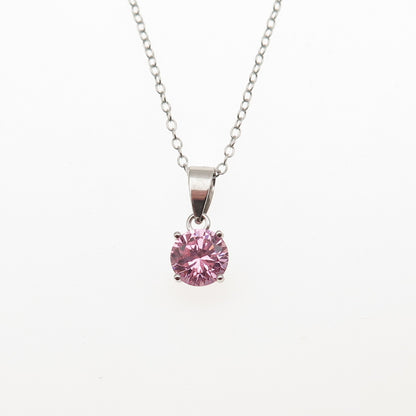 925 Sterling Silver Round-Cut Pink C Z Cable Chain Necklace 16-18"
