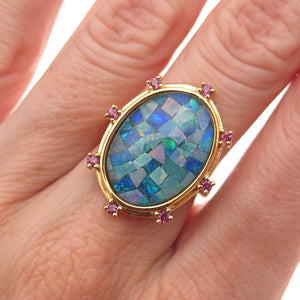 Dasan 925 Sterling Silver Gold Plated Real Opal & Amethyst Mosaic Ring Size 6