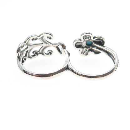 CAROLYN POLLACK 925 Sterling Vintage Turquoise Flower Double-Finger Ring Size 11