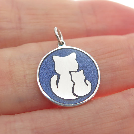 925 Sterling Silver Purple Enamel Cat Mom & Child Minimalist Charm Pendant