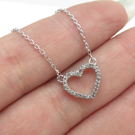 SUN 925 Sterling Silver Real Round-Cut Diamond Heart Cable Chain Necklace 18"