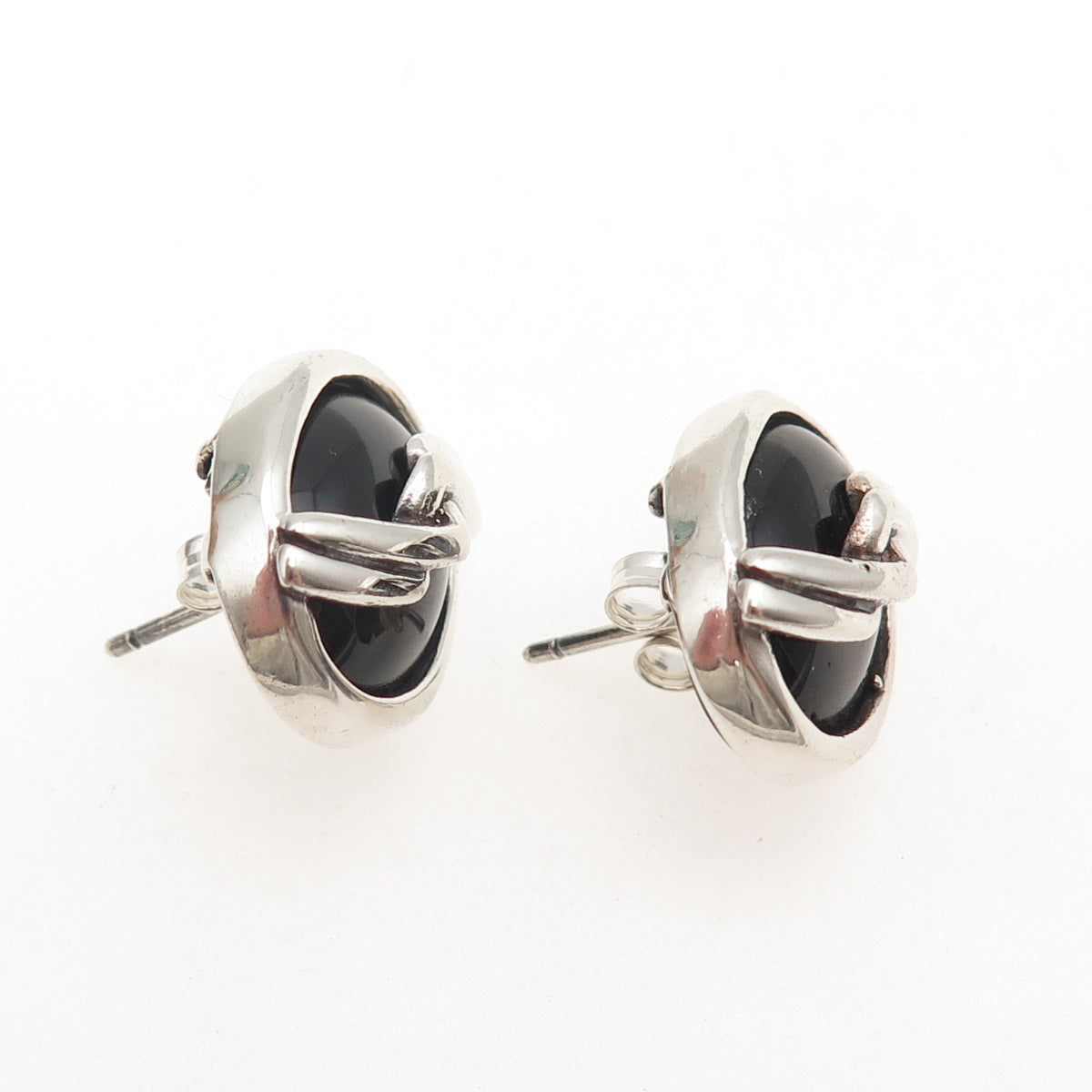925 Sterling Silver Vintage Real Black Onyx Modernist Twisted Earrings