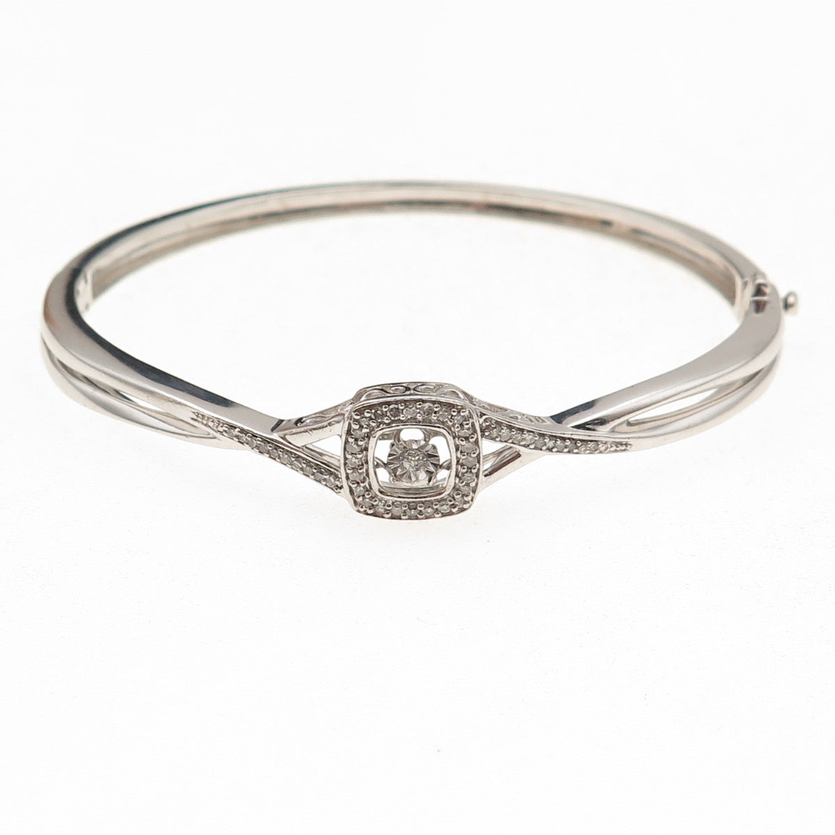 925 Sterling Silver Real Round-Cut Diamond Bangle Bracelet 7"