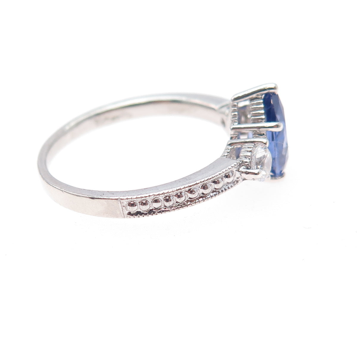 D'Manis 925 Sterling Silver Pear-Cut Blue & Round-Cut White C Z Ring Size 8.25