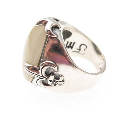 925 Sterling Silver Vintage Real Calcite Fleur de Lis Oxidized Ring Size 7
