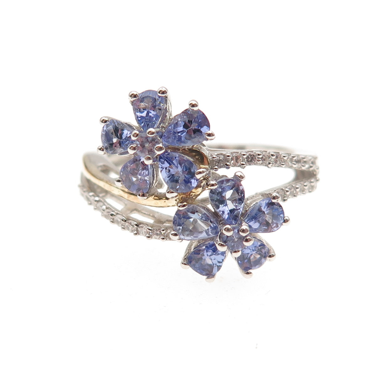 Chuck Clemency 925 Sterling 2-Tone Real Tanzanite & Topaz Floral Ring Size 8.25