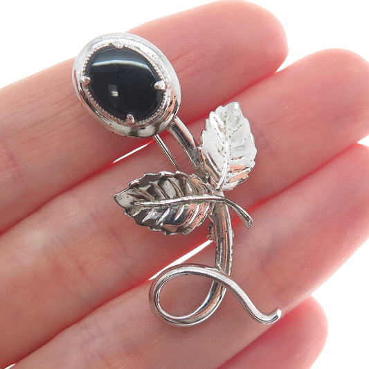 AMCO 925 Sterling Silver Antique Real Black Onyx Flower Letter "L" Pin Brooch