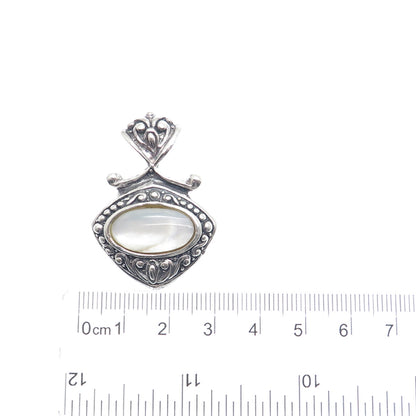 925 Sterling Silver Vintage Real Mother-of-Pearl Beaded Floral Pendant