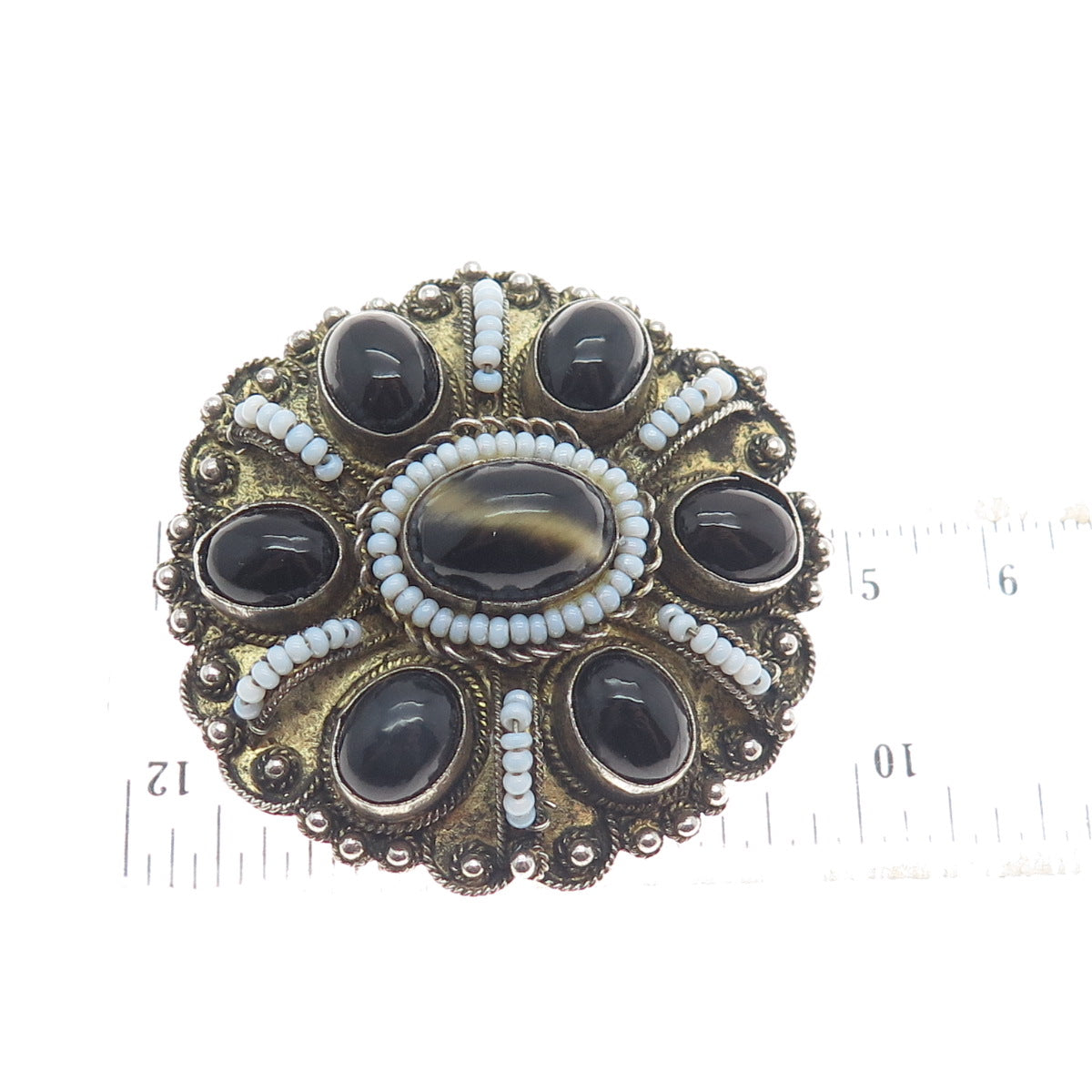 935 Silver 2-Tone Vintage Israel Real Tiger Eye Black Agate & Opal Pin Brooch