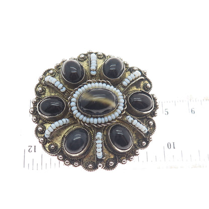 935 Silver 2-Tone Vintage Israel Real Tiger Eye Black Agate & Opal Pin Brooch