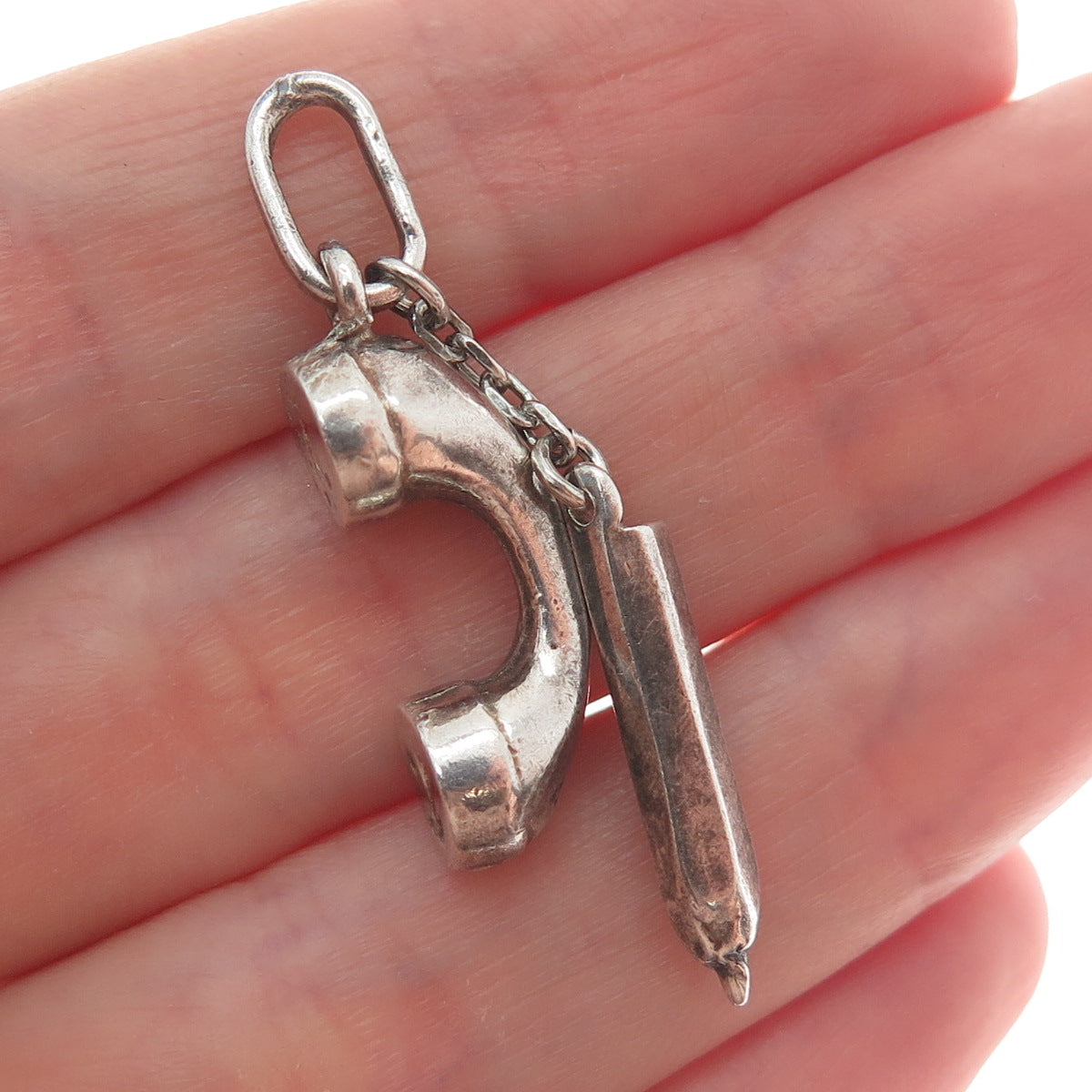 925 Sterling Vintage Italy Telephone Receiver & Pencil Minimalist Charm Pendant