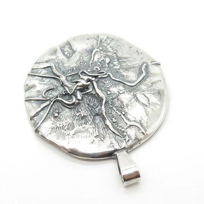 925 Sterling Silver Vintage Brutalist Modernist Large Round Pendant
