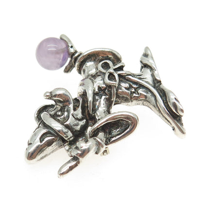 DISNEY 925 Sterling Silver Vintage Real Amethyst Gem Mickey Mouse Pin Brooch