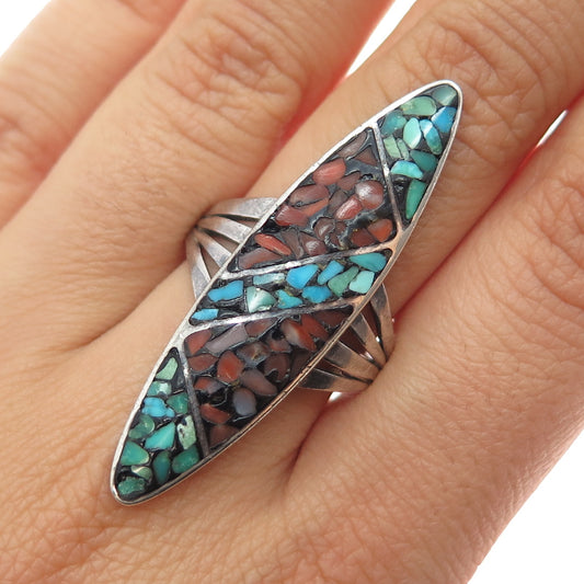 Old Pawn 925 Sterling Vintage Southwestern Turquoise Coral Inlay Ring Size 8.75