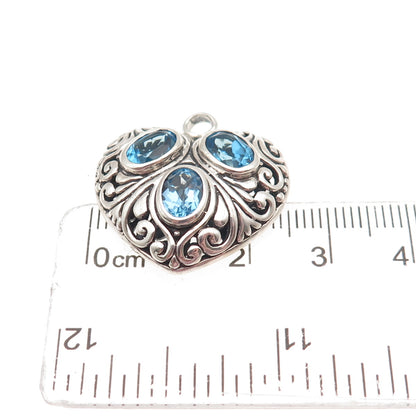 925 Sterling Silver Vintage Real Oval-Cut Blue Topaz Heart Swirl Charm Pendant
