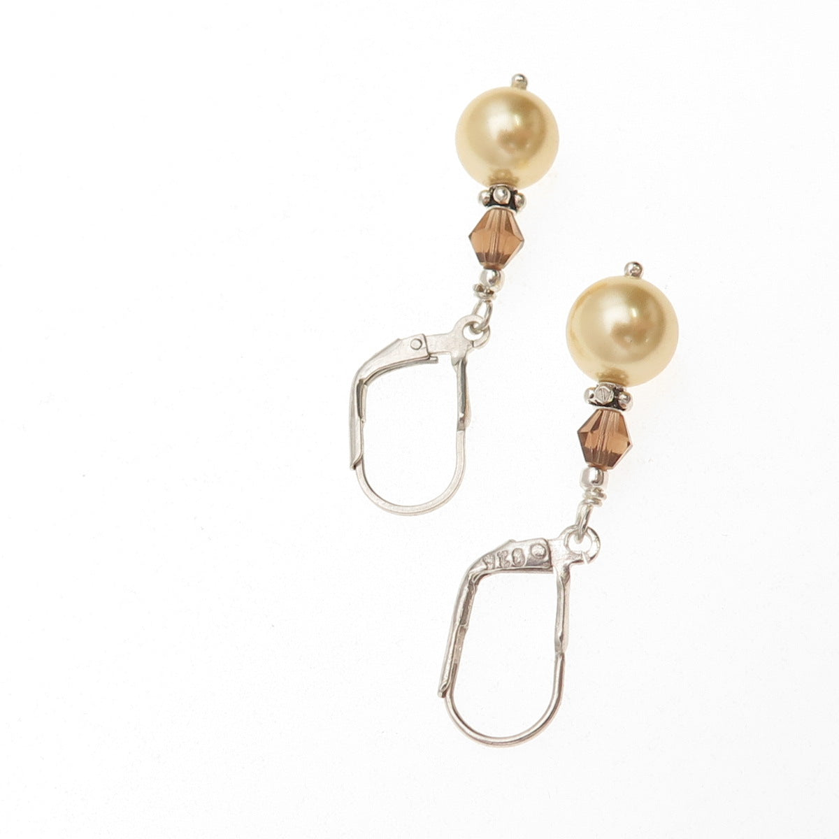 925 Sterling Silver Vintage Faux Pearl & Smoky Crystal Dangle Earrings