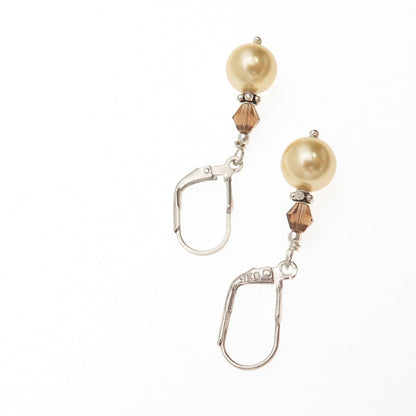 925 Sterling Silver Vintage Faux Pearl & Smoky Crystal Dangle Earrings