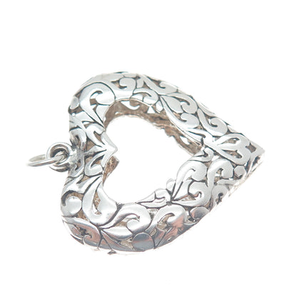 JEZLAINE 925 Sterling Silver Vintage Floral Open Heart Double Sided Pendant