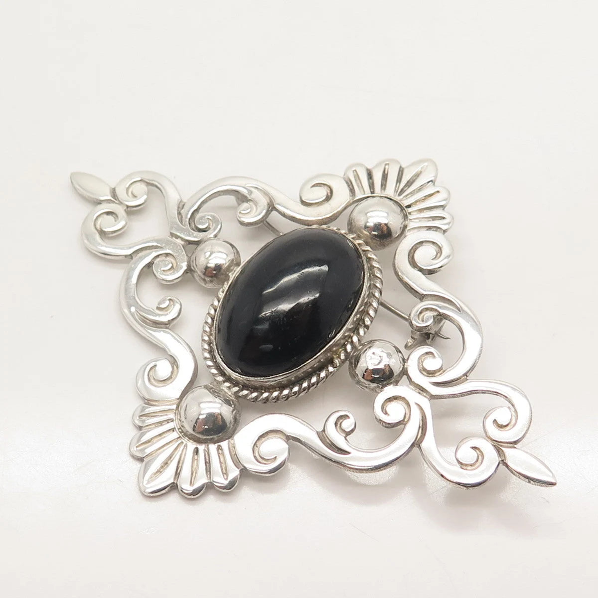 925 Sterling Silver Vintage Mexico Real Black Onyx Gemstone Ornate Pin Brooch