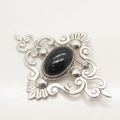 925 Sterling Silver Vintage Mexico Real Black Onyx Gemstone Ornate Pin Brooch