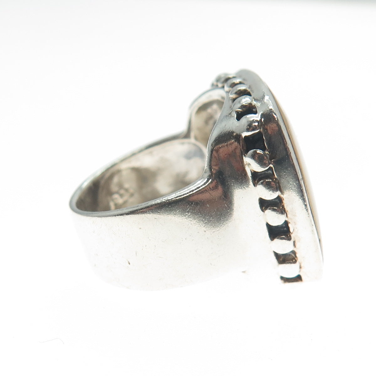 925 Sterling Silver Vintage Real Mother-of-Pearl Polka Dot Wide Ring Size 5.75