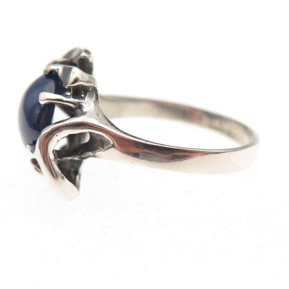 925 Sterling Silver Vintage Real Sapphire Modernist Oxidized Ring Size 7.25