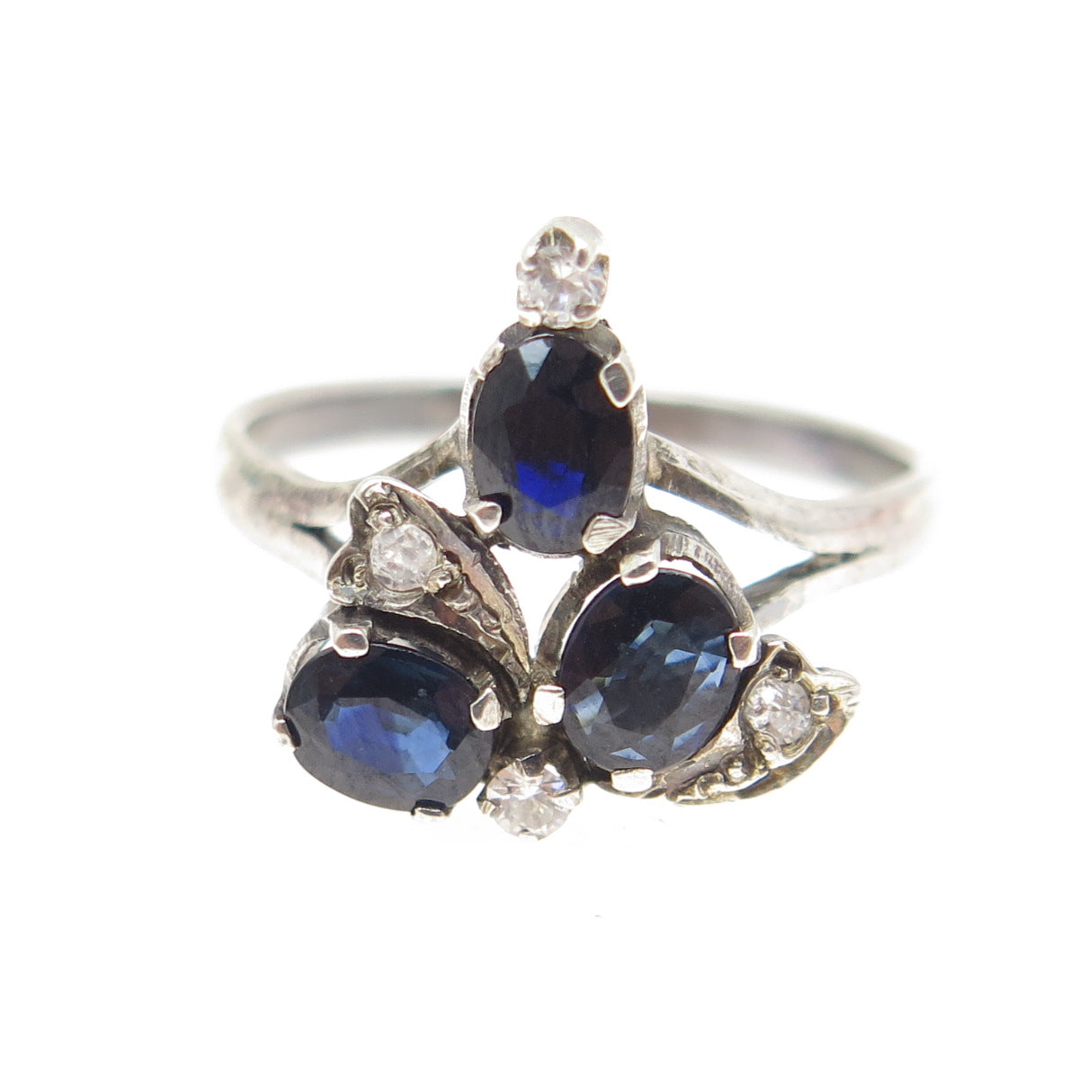 925 Sterling Silver Real Oval-Cut Sapphire & C Z Ring Size 6