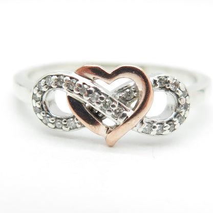 925 Sterling Silver & 10K Rose Gold Real Diamond Infinity Heart Ring Size 11.75