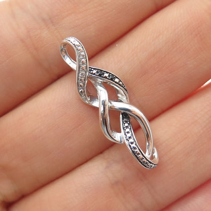 SAI Sterling Silver Real Round-Cut Black & White Diamond Twisted Charm Pendant