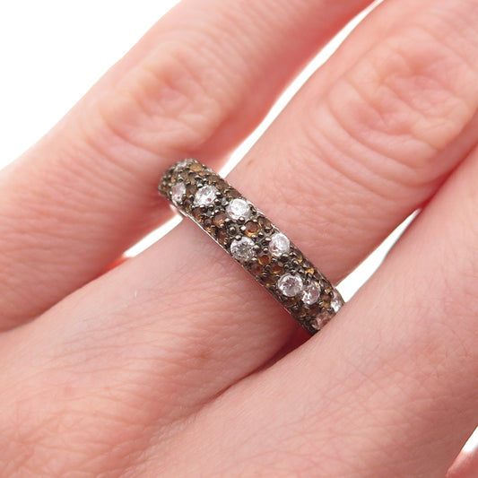925 Sterling Silver Real Round-Cut Smoky Quartz & C Z Band Ring Size 6