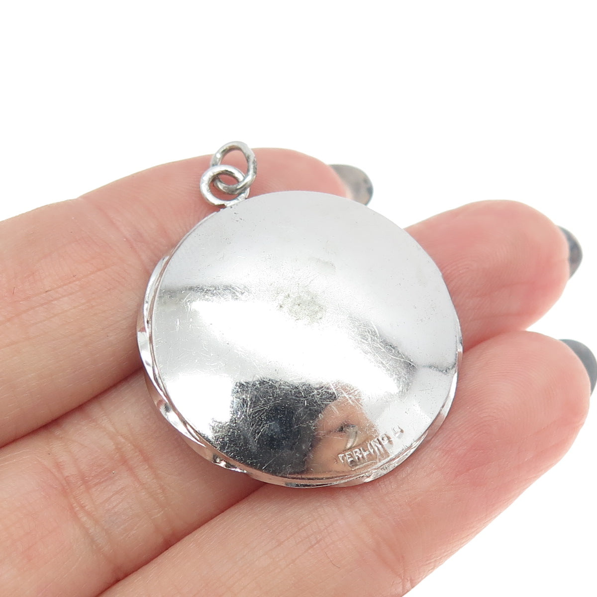 WELLS 925 Sterling Silver Vintage Enamel Flower Round Pendant