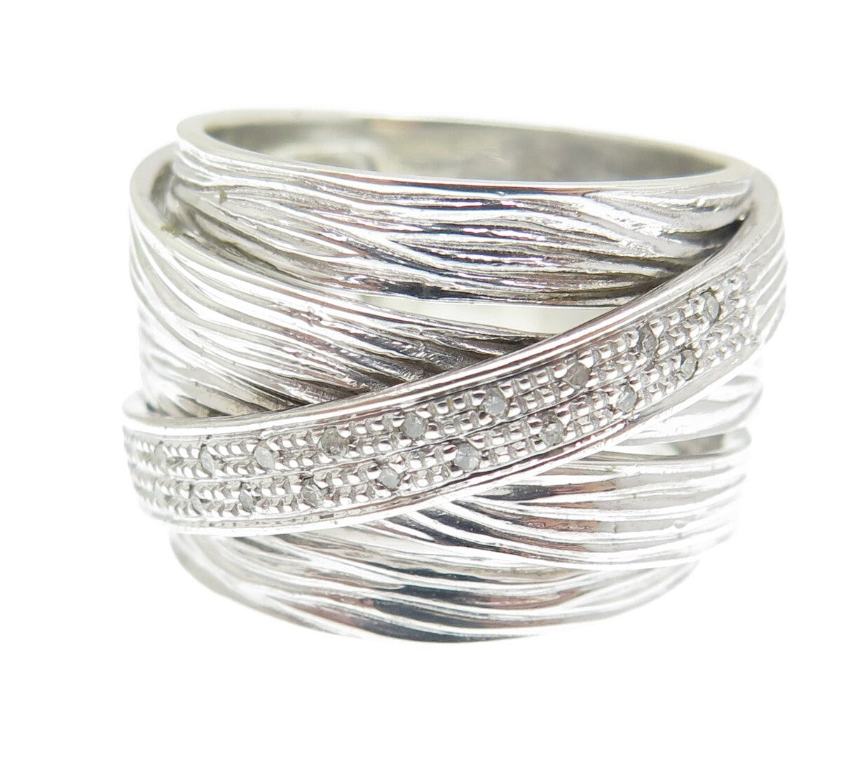 925 Sterling Silver Real Round-Cut Diamond Crisscross Ring Size 9.5