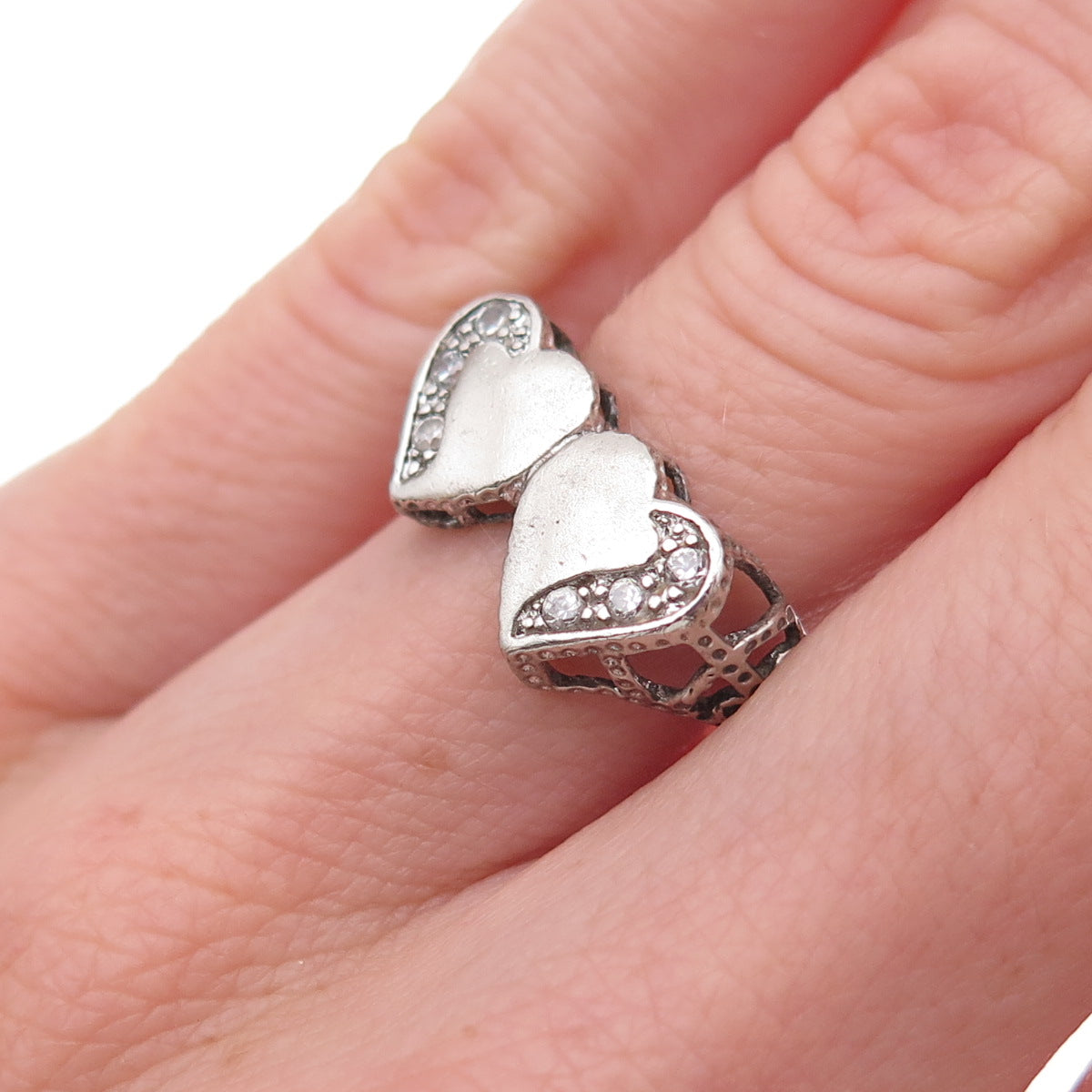 925 Sterling Silver Round-Cut C Z Couple Heart Oxidized Ring Size 6