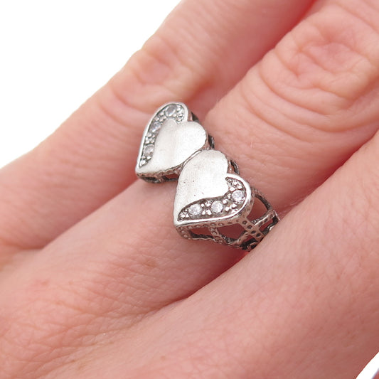 925 Sterling Silver Round-Cut C Z Couple Heart Oxidized Ring Size 6