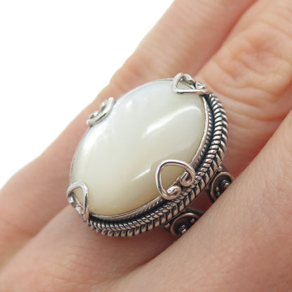 925 Sterling Silver Vintage Real Mother-of-Pearl Hearts Roped Ring Size 5.25