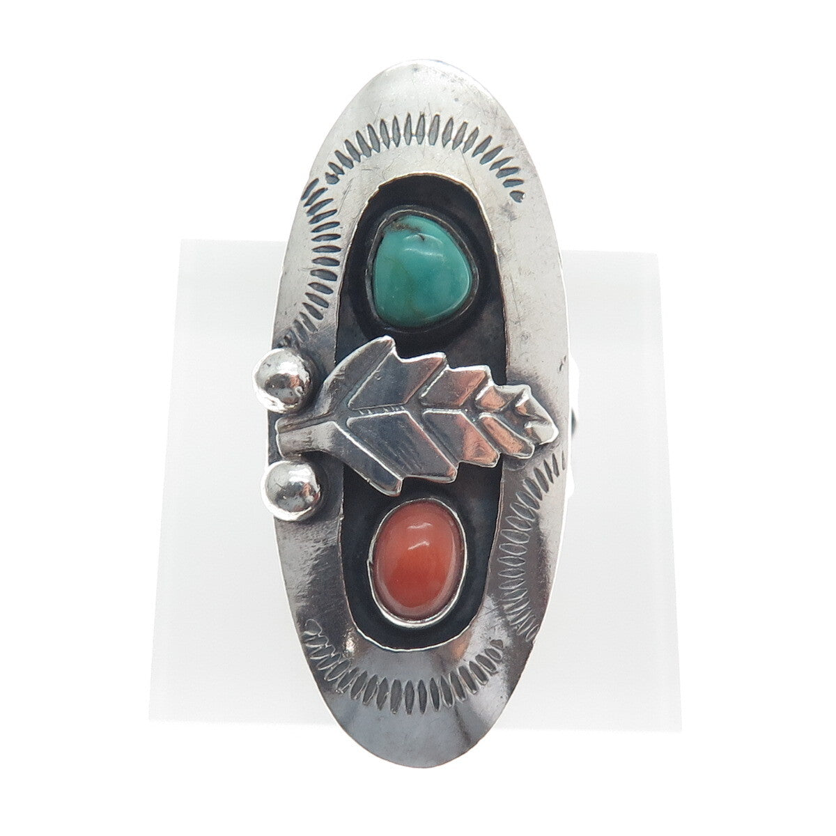 MARGARET LEE Navajo Old Pawn 925 Sterling Turquoise & Coral Ring Size 6.75