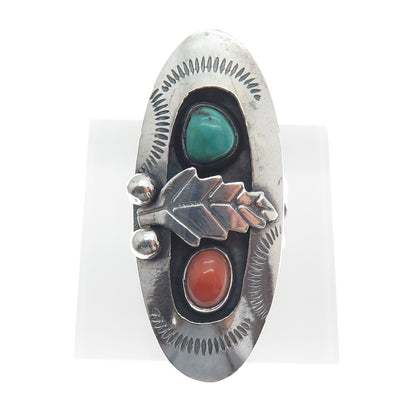 MARGARET LEE Navajo Old Pawn 925 Sterling Turquoise & Coral Ring Size 6.75