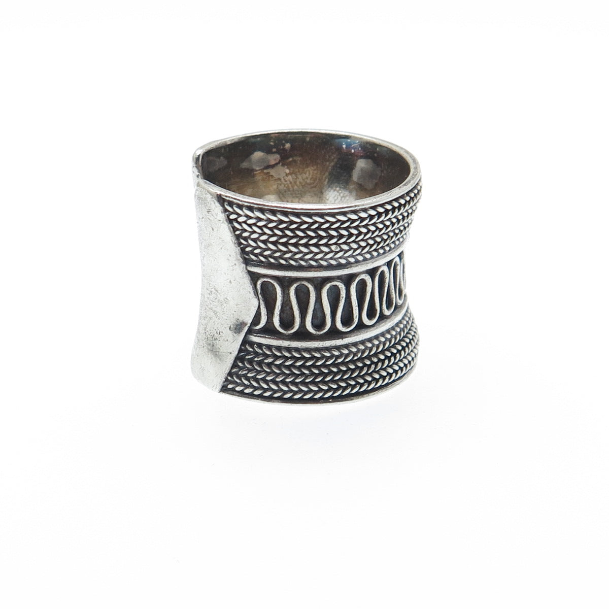 925 Sterling Silver Vintage Wheat & Wavy Oxidized Adjustable Cuff Ring Size 8