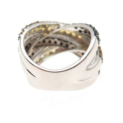 925 Sterling Silver Real Yellow Topaz & Black Spinel Crisscross Ring Size 7.25