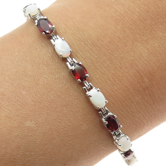 925 Sterling Silver Real Oval-Cut Opal & Red Garnet Bracelet 7.5"