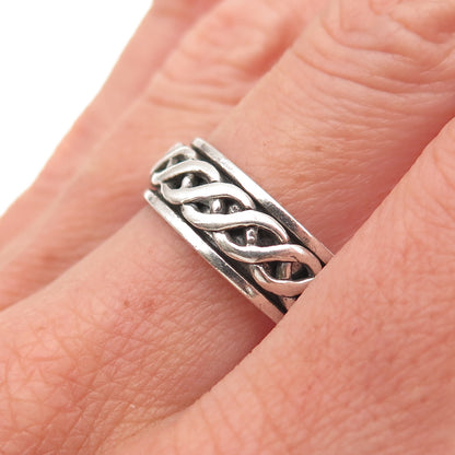 925 Sterling Silver Vintage Woven Oxidized Rotating Band Ring Size 8.75