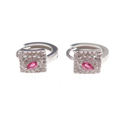 925 Sterling Silver Pink & White C Z Hoop Earrings